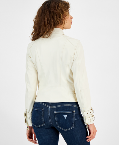 Shop Guess Women's Olivia Faux-leather Biker Jacket In Dove White Multi