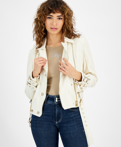 Shop Guess Women's Olivia Faux-leather Biker Jacket In Dove White Multi