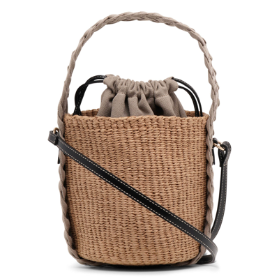 Shop Chloé Woody Braided Grey Raffia Bucket Bag