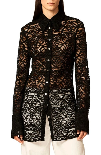 Shop Interior The Emma Sheer Floral Lace Button-up Shirt In Black