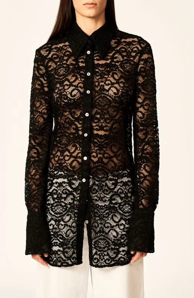 Shop Interior The Emma Sheer Floral Lace Button-up Shirt In Black