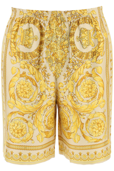Shop Versace Barocco Silk Shorts In Beige,yellow