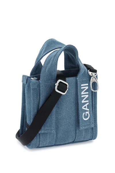 Shop Ganni Denim Tech Mini Tote Bag In Blue