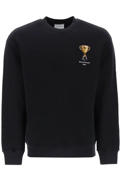 Shop Maison Kitsuné Crew Neck Sweatshirt With Trophy Embroidery In Black