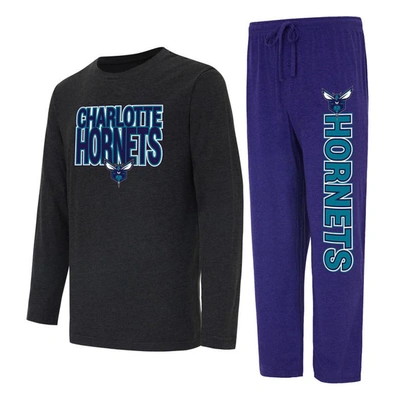Shop Concepts Sport Purple/black Charlotte Hornets Meter Long Sleeve T-shirt & Pants Sleep Set