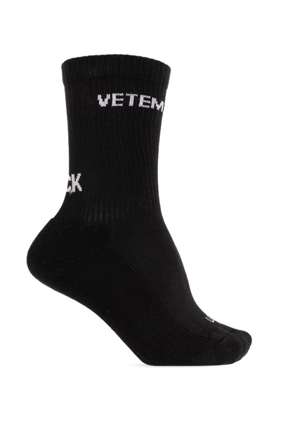 Shop Vetements Logo Embroidered Socks In Black