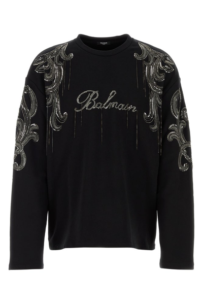 Shop Balmain Chain Fringed Paisley Detailed Sweatshirt In Black