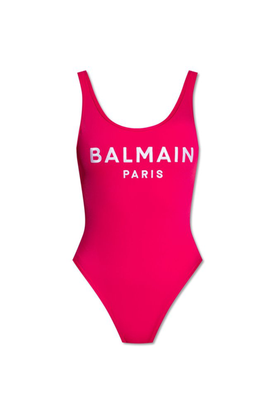 Shop Balmain Logo Printed One Piece Swimsuit In Pink