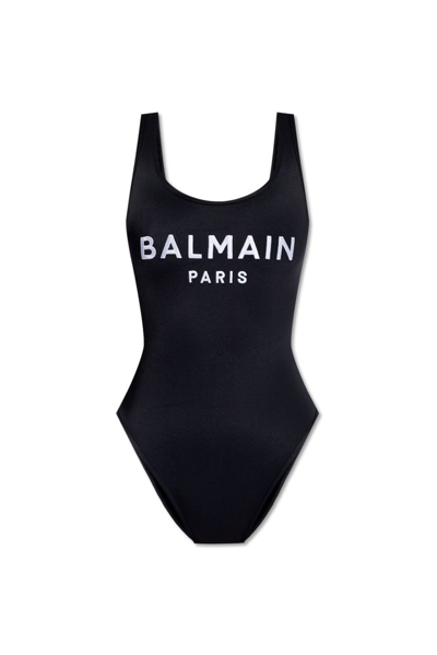 Shop Balmain Logo Printed One Piece Swimsuit In Black