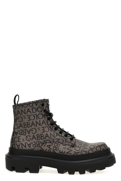 Shop Dolce & Gabbana Men Jacquard Logo Combat Boots In Gray