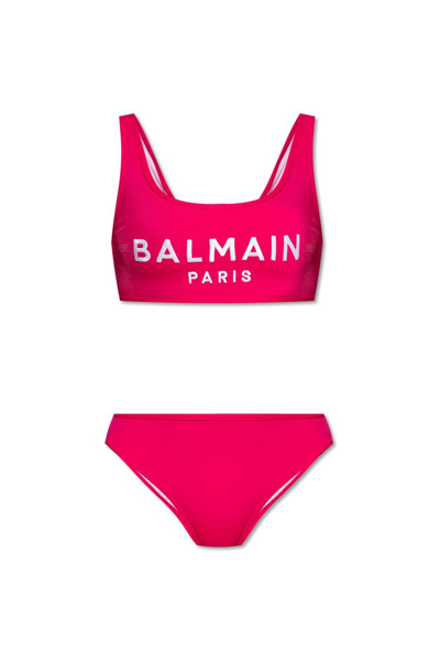 Shop Balmain Logo Printed Two Piece Swimsuit In Pink