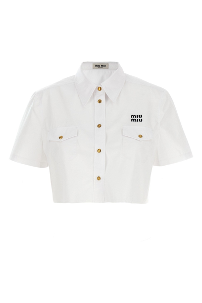 Shop Miu Miu Women Cropped Shirt With Logo Embroidery In White