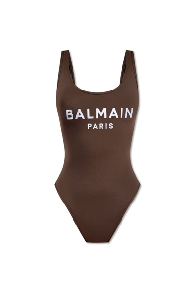 Shop Balmain Logo Printed One Piece Swimsuit In Brown