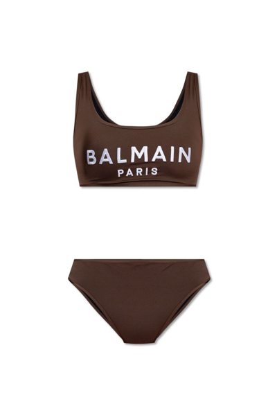 Shop Balmain Logo Printed Two Piece Swimsuit In Brown