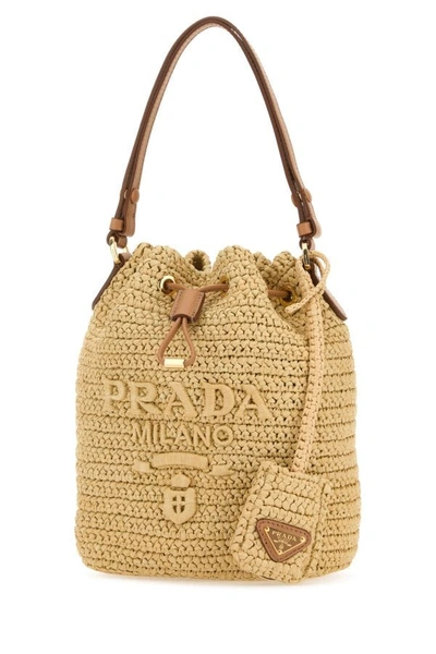 Shop Prada Woman Beige Raffia Bucket Bag In Brown