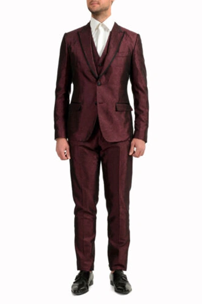 Pre-owned Dolce & Gabbana Men's Violet Silk Geometric Print Two Button Three Piece Suit In Purple
