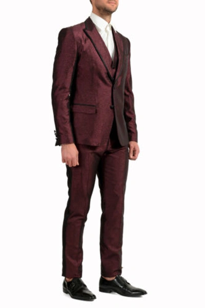 Pre-owned Dolce & Gabbana Men's Violet Silk Geometric Print Two Button Three Piece Suit In Purple