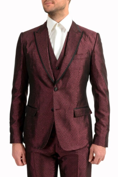 Pre-owned Dolce & Gabbana Men's Violet Silk Geometric Print Two Button Three Piece Suit In Purple