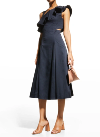 Pre-owned Veronica Beard Women's Navy Beilla One-shoulder Dress, 2 In Blue
