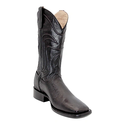 Pre-owned Western Men's Smooth Genuine Ostrich Leather Square Toe Cowboy Boot In Black