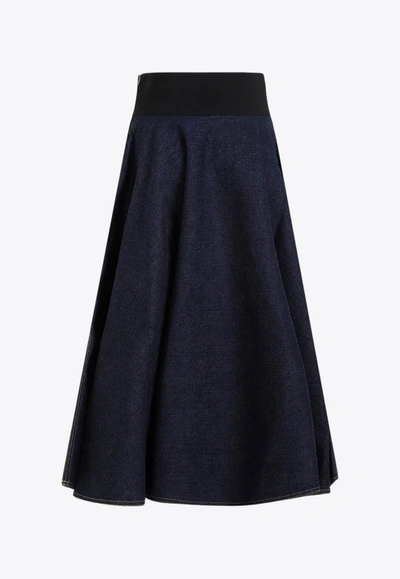 Shop Alaïa Croc Embossed Belt Midi Denim Skirt