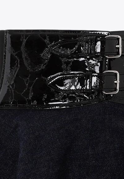 Shop Alaïa Croc Embossed Belt Midi Denim Skirt