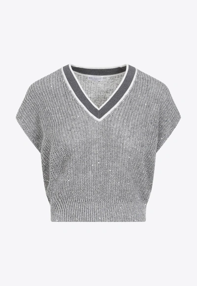 Shop Brunello Cucinelli Cropped V-neck Sweater Vest In Gray