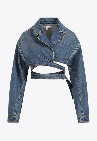 Shop Alaïa Denim Cross-over Cropped Jacket In Blue