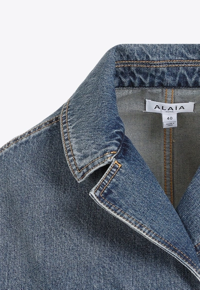 Shop Alaïa Denim Cross-over Cropped Jacket In Blue