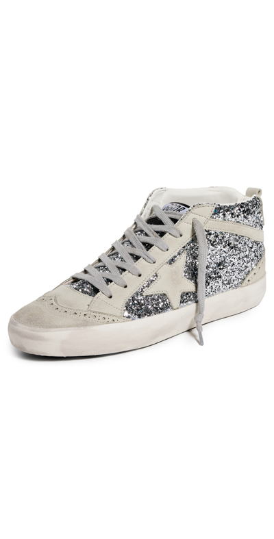 Shop Golden Goose Mid Star Glitter Upper Suede Toe Star Wave Heel And Spur Sneakers Silver/ice