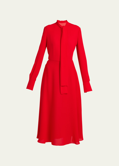 Shop Valentino Silk Scarf-neck Long-sleeve Midi Dress In Red
