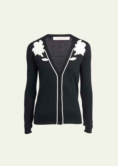 Shop Valentino Flower Embroidered Wool Cardigan In Black Ivory