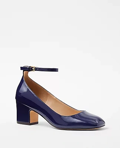 Shop Ann Taylor Patent Ankle Strap Block Heel Pumps In Night Sky