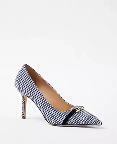 Shop Ann Taylor Houndstooth Buckle Pointy Toe Pumps In Blue/white Combo