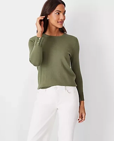Shop Ann Taylor Seasonless Button Cuff Sweater In Green Kalamata