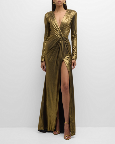 Shop Pamella Roland Metallic Draped Lame Gown With Slit In Gold