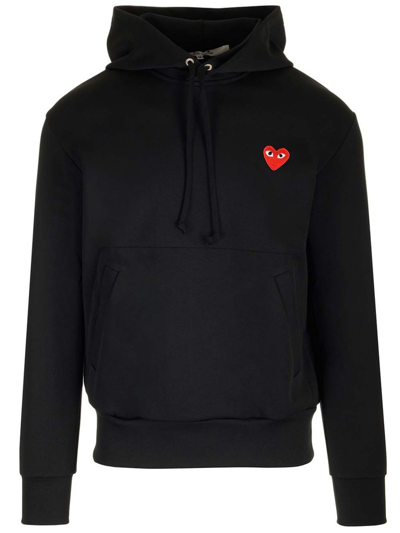 Shop Comme Des Garçons Play Heart Embroidered Drawstring Hoodie In Black