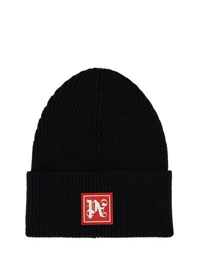 Shop Palm Angels Logo Patch Knitted Beanie In Black