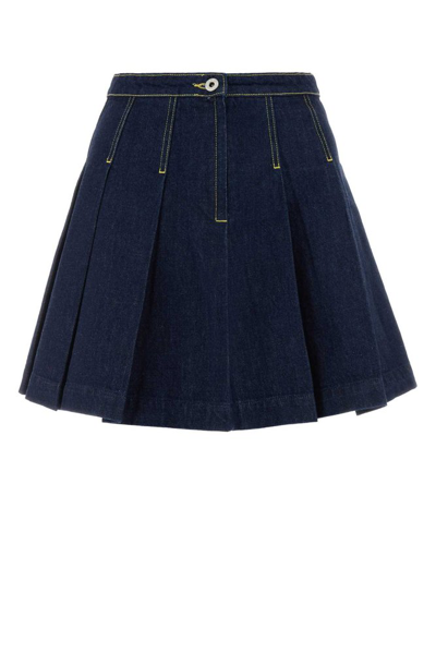 Shop Kenzo Logo Patch Pleated Denim Mini Skirt In Blue