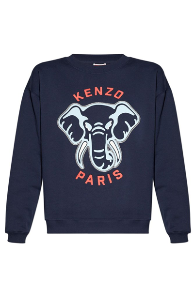 Shop Kenzo Elephant Embroidered Crewneck Sweatshirt In Navy