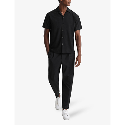 Shop Reiss Men's Black Hunt Cuban-collar Short-sleeve Stretch-woven Shirt