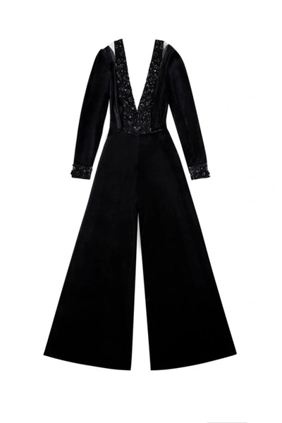 Shop Saiid Kobeisy Velvet Flared Jumpsuit With A Beaded Top In Black