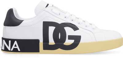 Dolce & Gabbana Calfskin Nappa Portofino Sneakers With Dg Logo Print In White