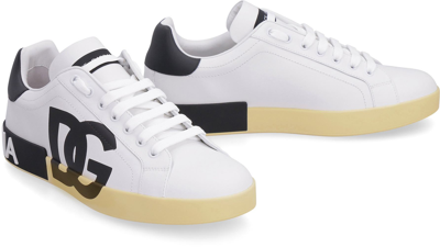 Dolce & Gabbana Calfskin Nappa Portofino Sneakers With Dg Logo Print In White