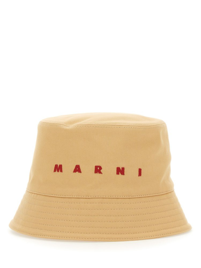 Shop Marni Logo Embroidered Twill Bucket Hat In Beige