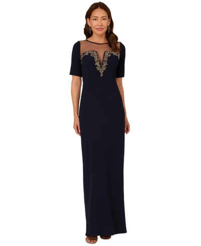 Shop Adrianna Papell Women's Beaded Illusion-neck Gown In Midnight