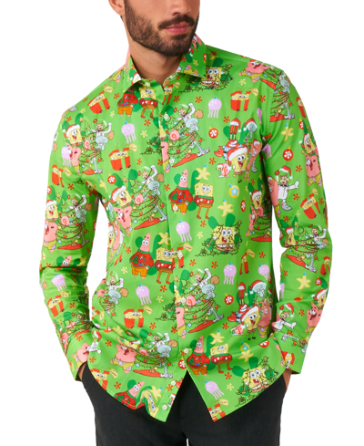 Shop Opposuits Men's Tailored-fit Spongebob Squarepants Holiday Printed Shirt In Green