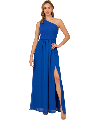 Shop Adrianna Papell One-shoulder Chiffon Gown In Violet Cobalt