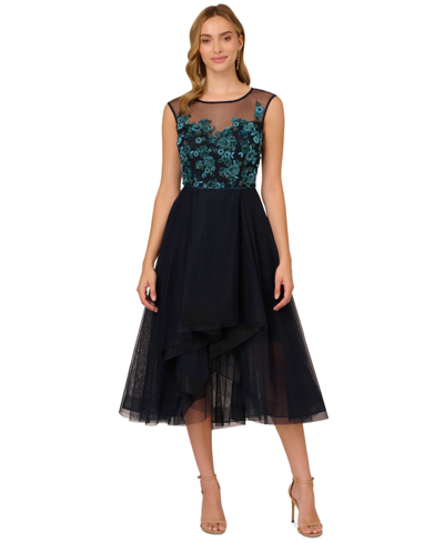 Shop Adrianna Papell Women's Boat-neck Beaded Tulle Dress In Midnight Multi