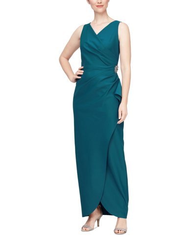 Shop Alex Evenings Draped Embellished Compression Column Gown In Deep Teal